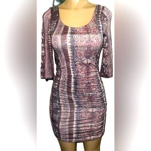 Free People Jasmine Boho Ruched 3/4 in Sleeve Mini Dress XS